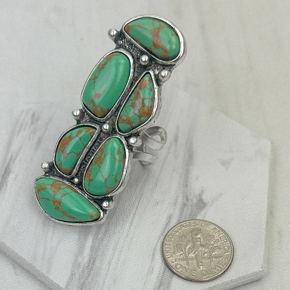 Silver & Green Turquoise Stone Long Statement Cocktail Ring